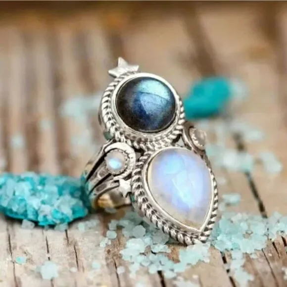 Vintage Style Silver Plated Rings  Moonstone and Labradorite Gemstone - Picture 2 of 12